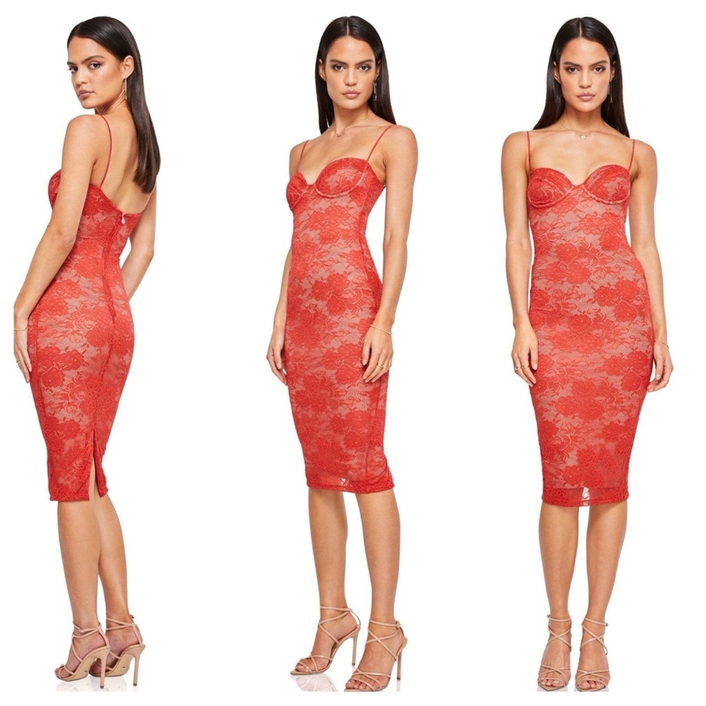 Nookie Red Lace Midi Dress with Corset Bodice